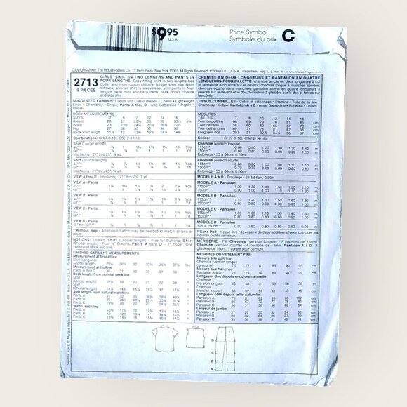 Vintage McCalls Sewing Pattern 2713 Girls Shirt Pants Shorts Size 12-16 Uncut - Picture 2 of 2